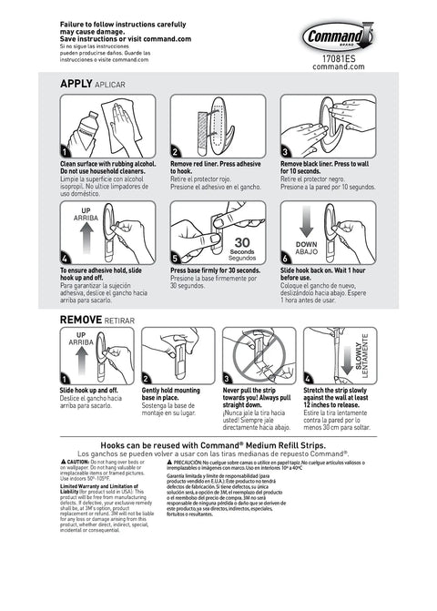 Instruction sheet for applying and removing Damage Free Wall Hooks With Adhesive Strips Set Of 2 Hooks And 4 Strips, No Tools Required.