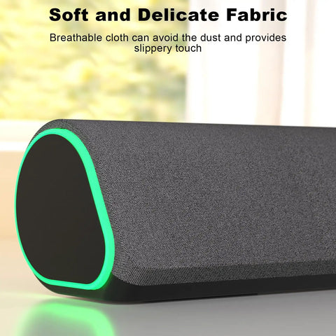 R50 Bluetooth PC Sound Bar For Desktop Monitor with soft fabric and lit LED lights, close-up view.