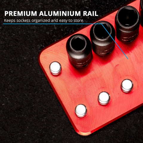 Close-up of billet aluminum socket rail with sockets from Three Eighth Inch Drive Shallow And Deep Impact Socket Set SAE.