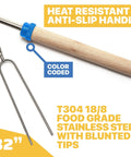Long 32 Inch Smores Sticks Kit With Stainless Steel Skewers And Smooth Wooden Handles For Marshmallow Roasting At The Campfire, Fire Pit Gear For Outdoor Camping, 5 Pack, Durable Essentials showing close-up of heat resistant handle and steel fork.