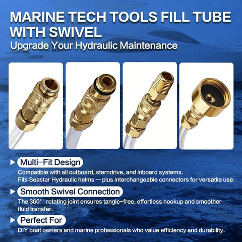 Marine Hydraulic Steering Bleed Kit For Outboard Inboard And Sterndrive Boats showing brass swivel connectors and clear tube.