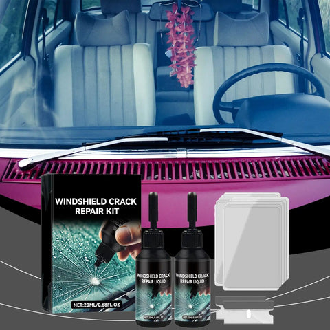 Premium Windshield Crack Repair Kit For Quick Glass Fix, DIY Friendly Chips And Cracks Repair With High Transparency Resin Liquid, Works On Windshields, Windows, Mirrors, All Crack Types, 2 Pack displayed with accessories in front of car windshield