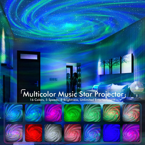 Dope Galaxy Projector with Remote Control and Bluetooth Speaker, night light effect on ceiling in bedroom setting