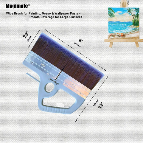 8 Inch Wide Flat Paint Brush for Large Areas, soft poly paddle ergonomic handle, next to painted canvas.