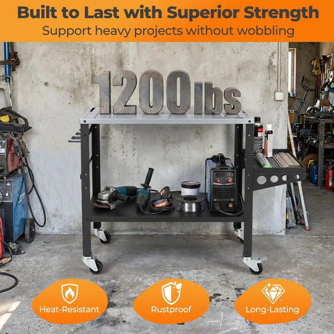 Built Tough Rolling Welding Table With 1200 Pound Support Go Wherever You Want Heavy Duty Metal Workbench Offering Heat Resistant Plate Rapid Clamping Slots Integrated Tool Shelf For Badass Garage Project Crews