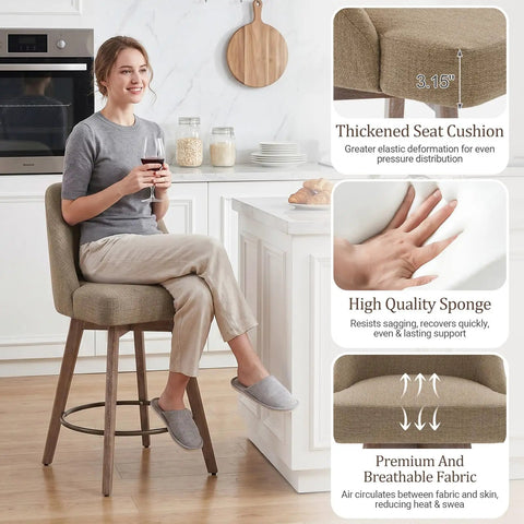 Woman sitting on 26 Inch Counter Height Swivel Bar Stools Set Of 2 With Backs Linen Upholstery Solid Wood Legs, showing cushion detail.