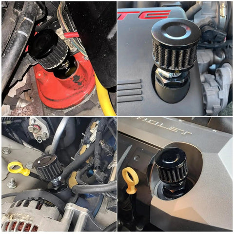 LS Valve Cover Oil Cap with Breather and Air Filter Vent installed on various GM muscle car engines.