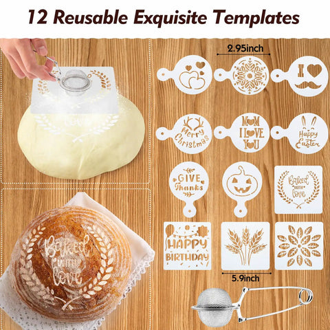 All In One Sourdough Starter Kit With 9 Inch Round And 10 Inch Oval Silicone Banneton Baskets showing 12 reusable templates on dough.