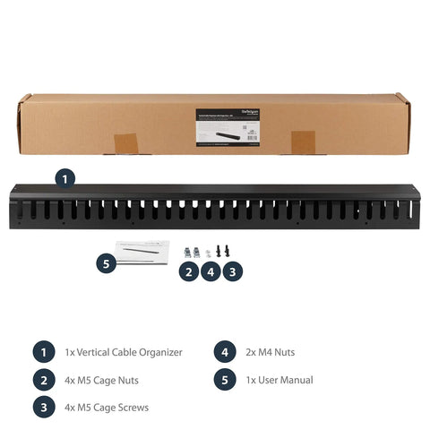 Vertical Cable Management Duct 0U 3ft with accessories and packaging for 19-inch server rack setup