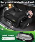 Premium Golf Trunk Organizer For Cars With Insulated Pouch And Dust Proof Layer shown in car trunk with drink pouch