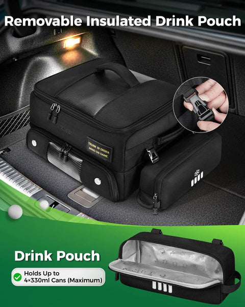 Premium Golf Trunk Organizer For Cars With Insulated Pouch And Dust Proof Layer shown in car trunk with drink pouch
