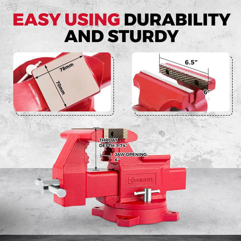 Beefy Heavy Duty 6.5 Inch Bench Vise With Anvil, Ductile Iron Body, 360 Degree Swivel, Red Powder Coat, jaw measurements shown.
