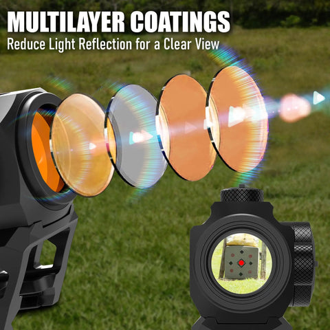 Motion Awake Red Dot Sight with 2MOA Dot, 11 Level Brightness, Multi Coated Optics, IPX7 Waterproof, Get On Target Fast, Absolute Co-Witness Mount, Picatinny Rail Rifle Scope for Quick On Point Accuracy, multilayer lens view
