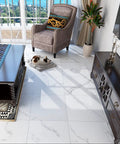 Living room with 30 Pack White Vinyl Peel And Stick Floor Tiles 12x12 Inch Thick Self Adhesive Marble Look Waterproof Flooring
