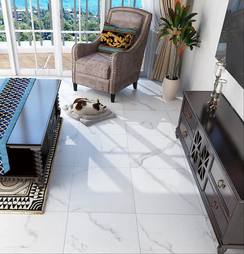 Living room with 30 Pack White Vinyl Peel And Stick Floor Tiles 12x12 Inch Thick Self Adhesive Marble Look Waterproof Flooring