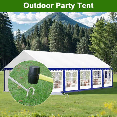 Tough As Nails Heavy Duty 12 Inch J Hook Rebar Stakes securing outdoor tent with mallet, 5/16 inch galvanized anchors for stability