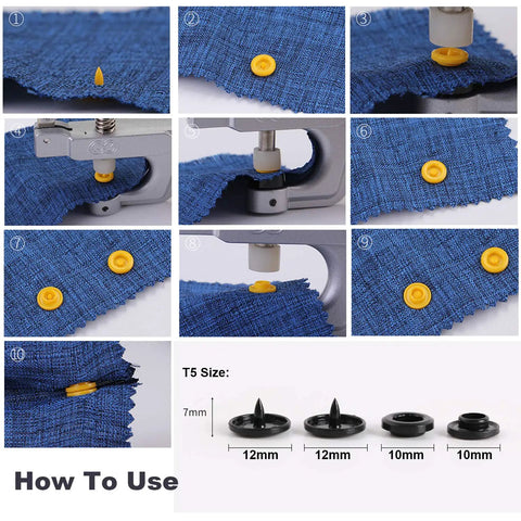 How to use 1440-Piece Plastic Grab-And-Go Snap Buttons Kit No Sew T5 Snaps With Pliers on fabric with step-by-step guide.
