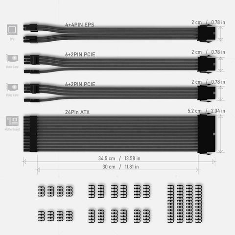 Sleeved PSU Cable Extension Kit For PC Builds With Nylon Braided Wires 24 Pin To 6 Plus 2 Pin And 8 Pin To 4 Plus 4 Pin 30 Cm Long Black ATX 3.0 Compatible High Efficiency GPU Power Cable Extension With Comb showing 4 cables and combs