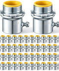 50 Pack Emt Set Screw Connector Three Quarter Inch Steel Electrical Conduit Coupling with firm set screw for wiring projects.