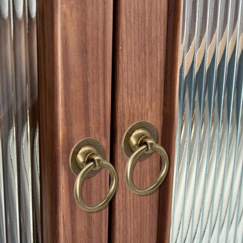 Solid Brass Cabinet Ring Pulls Six Pack Antique Circle Drawer Pulls installed on wooden cabinet with vintage design