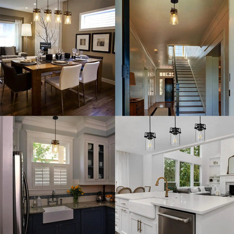 Farmhouse Vibe 5 Light Pendant Light For Kitchen Island Black Finish With Clear Glass Shades Long Hanging Fixture About 68 Inches