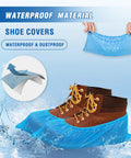 Disposable Shoe And Boot Covers XL Set over boots, waterproof CPE plastic, showing slip resistance, fits men's size 14 and all women's shoes