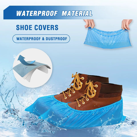 Disposable Shoe And Boot Covers XL Set over boots, waterproof CPE plastic, showing slip resistance, fits men's size 14 and all women's shoes