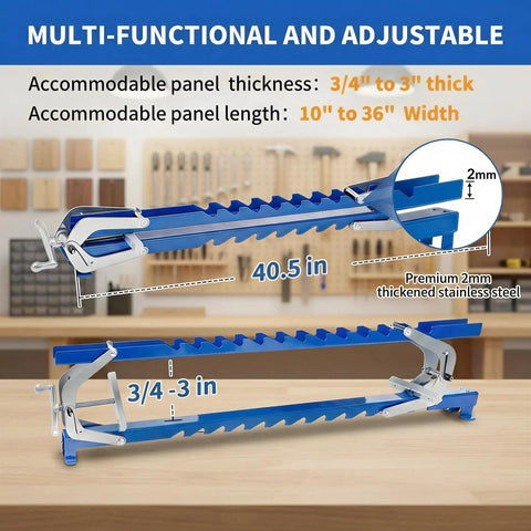 Four Way Glue Up Clamps Keep Boards Dead Flat, 40.5 Inch panel clamps showing adjustable handles and specifications for wood thickness.