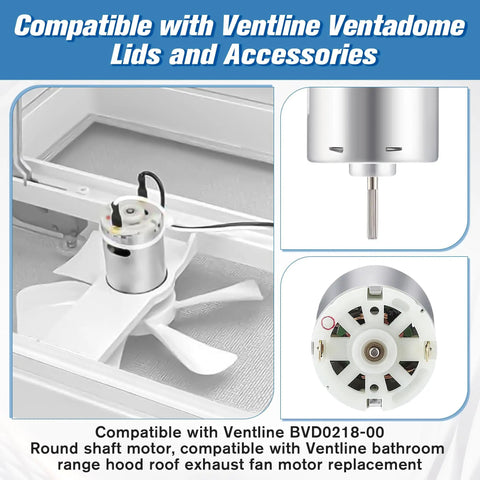 12V DC RV Vent Fan Motor With Round Shaft Compatible With Ventline BVD0218-00 Ventadome Lids shown in detail and installation view
