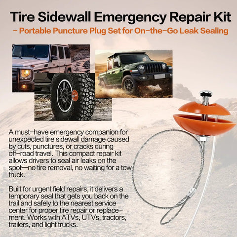3 Pack Sidewall Tire Repair Kit With Dual Alignment Wires For Atv And Sxs Quickfix Portable Puncture Plug No Drying Time showing tire plug tool on rugged terrain.