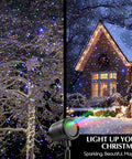Galaxy Star Projector 5 In 1 With Bluetooth Speaker Remote Timer White Noise 14 Color LED Night Lights lighting a snowy house and tree