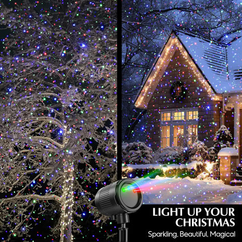 Galaxy Star Projector 5 In 1 With Bluetooth Speaker Remote Timer White Noise 14 Color LED Night Lights lighting a snowy house and tree