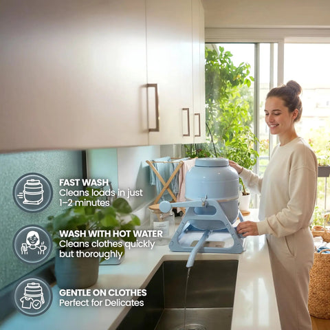 Compact Manual Portable Washing Machine For Apartments And Rvs No Hookups Required Countertop Mini Clothes Washer Fast Fresh Threads Spin Cycle For Tiny Homes And Everyday Laundry Needs Blue in use at a kitchen sink.
