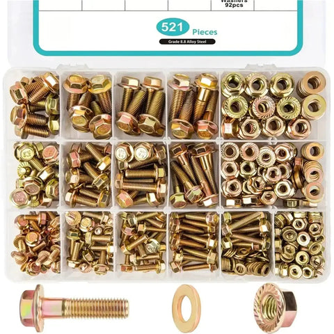 521-Piece Grade 8 Nut And Bolt Set With Hex Serrated Steel Flange Bolts And Nuts Kit in organized compartments