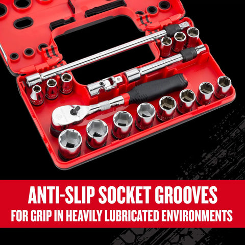 V Series 3 8 Inch Drive Socket Set, 18 Piece, Shallow Metric Sockets, 6 Point, Off Corner Design, Anti Slip Grooves shown in case