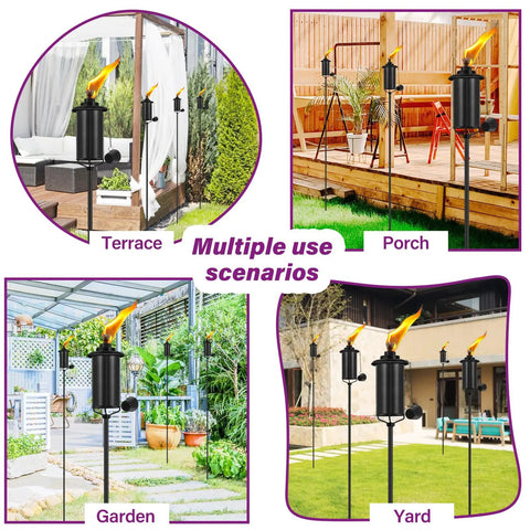Outdoor Metal Torch Set Of Six, 16 Oz Citronella Torches With 59 Inch Adjustable Height, Grounded 3 Prong Stakes on porch, yard, terrace, garden