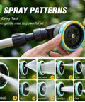Extendable Watering Wand 37 To 55 Inch With 9 Pattern Heavy Duty Metal Nozzle Pivot Head And Thumb Flow Control shown with spray options