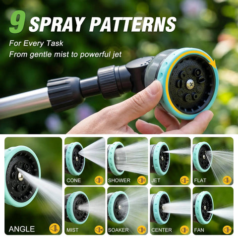 Extendable Watering Wand 37 To 55 Inch With 9 Pattern Heavy Duty Metal Nozzle Pivot Head And Thumb Flow Control shown with spray options