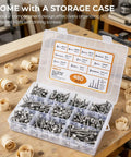 Heavy Duty Self Tapping Screws For Metal In 410 Stainless Steel Self Drilling Hex Head Sheet Metal Screws Assortment Kit With Size 8 And Size 10 Lengths From Half Inch To One And A Quarter Inch 480 Pieces displayed in a compartmentalized storage case on a workbench.