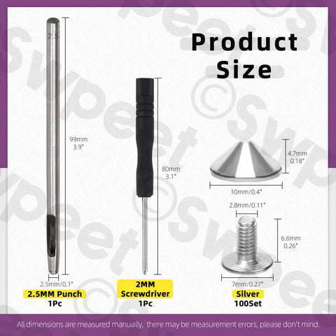Top Shelf Silver Cone Spikes And Studs Hardware Kit Includes Hole Punch And Screwdriver For Custom Leather Craft Clothing Shoe Embellishments And Badass Accents with tools displayed.
