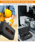 Neoteck digital dial indicator with magnetic base in black storage case; left view shows carrying case, right view shows tool mounted on CNC lathe.