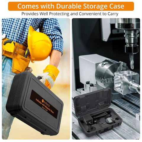 Neoteck digital dial indicator with magnetic base in black storage case; left view shows carrying case, right view shows tool mounted on CNC lathe.