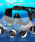 180 Degree Panoramic Swim Mask With Anti Fog Tempered Glass Lens and Dry Top Snorkel Kit shown with silicone skirt and nose protection