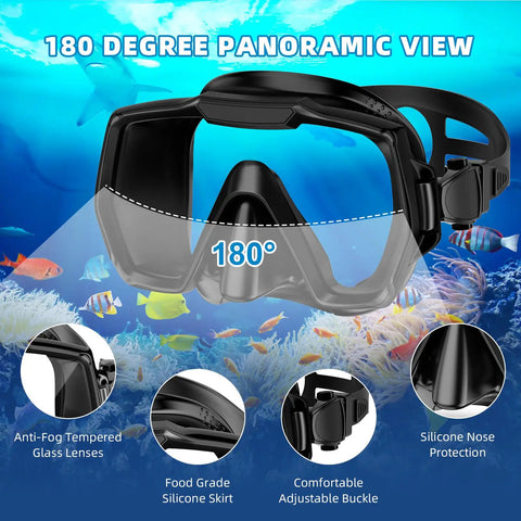 180 Degree Panoramic Swim Mask With Anti Fog Tempered Glass Lens and Dry Top Snorkel Kit shown with silicone skirt and nose protection
