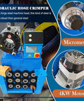 Pro Grade Electric Hydraulic Hose Crimping Machine With 13 Piece Die Set For 0.55 To 2.72 Inch Tubing Includes Foot Switch And 480 Volt 3 Phase Motor For Heavy Duty Trade Shop Work That Powers Through Jobs Like A Rockstar showing control panel and 4KW motor.
