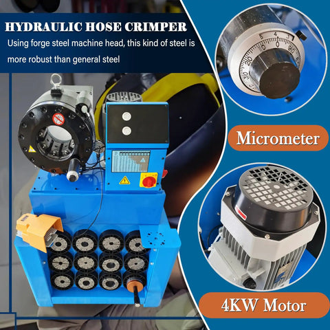 Pro Grade Electric Hydraulic Hose Crimping Machine With 13 Piece Die Set For 0.55 To 2.72 Inch Tubing Includes Foot Switch And 480 Volt 3 Phase Motor For Heavy Duty Trade Shop Work That Powers Through Jobs Like A Rockstar showing control panel and 4KW motor.