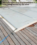 Pool cover secured with Deck Anchors With Carabiners Tie Down Kit for Canopies and Tents, no drill system on wooden deck