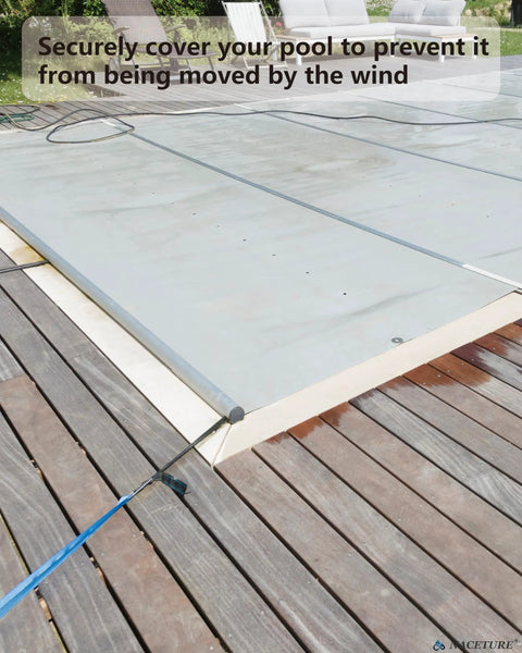 Pool cover secured with Deck Anchors With Carabiners Tie Down Kit for Canopies and Tents, no drill system on wooden deck