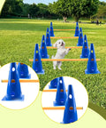 Dog practicing agility with Bright Color Dope Dog Agility Hurdle Cone Set With Adjustable Poles For Backyard Training, lightweight, blue.