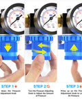 Tailonz AR2000 mini pneumatic pressure regulator kit, blue knob, 1/4 in NPT, three-step front views.